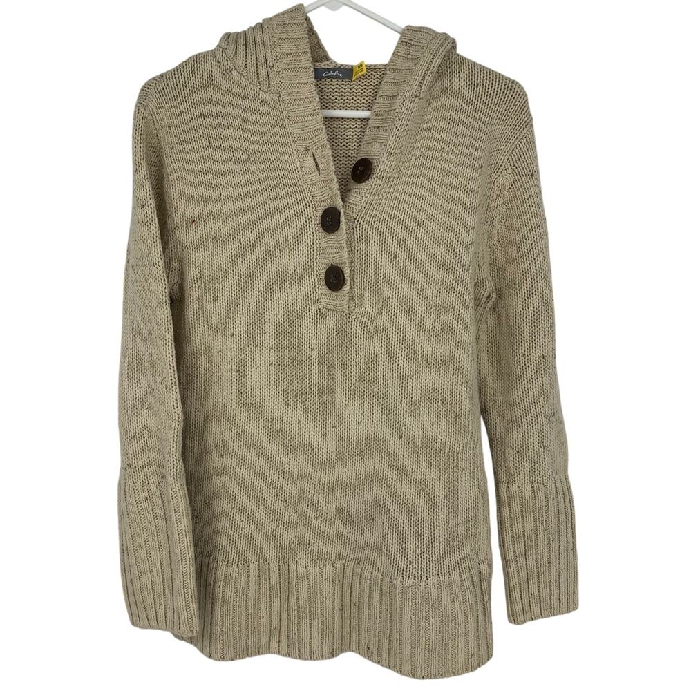 Cabela's Cream Acrylic Cotton Knit Quarter Button Hoodie Sweater Size Medium